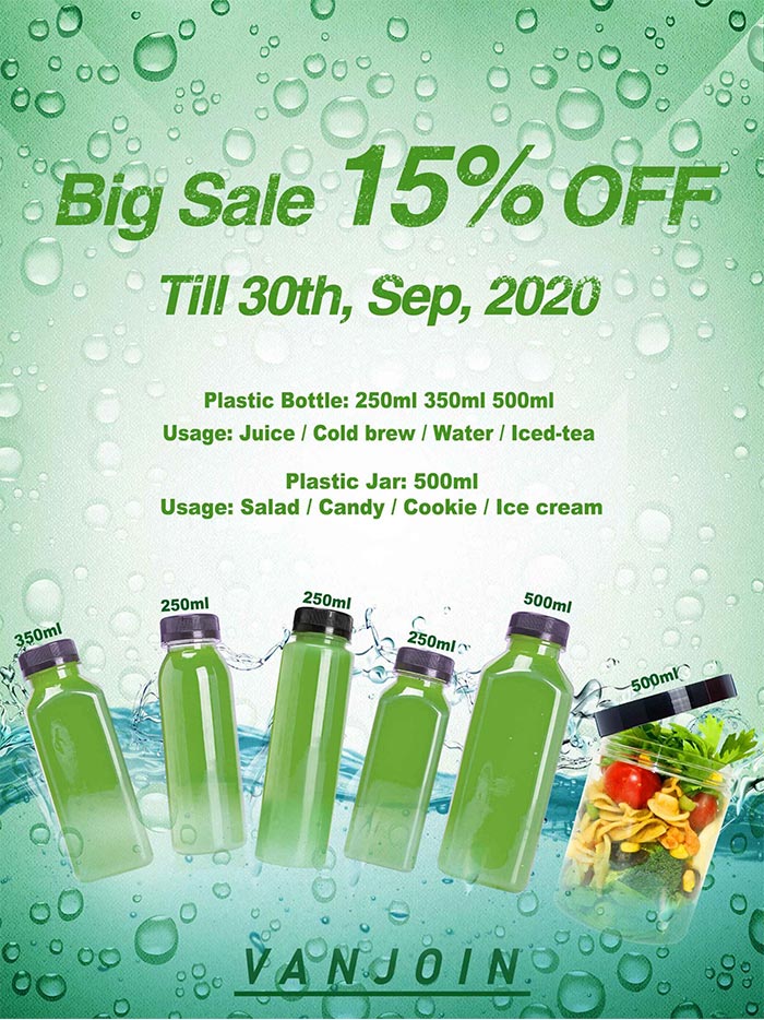 15% off for plastic juice bottles and jars