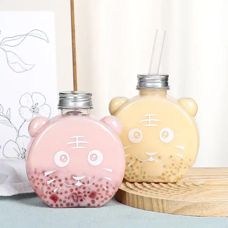 Cute shape empty 500ml 16oz tiger shape flat plastic pet juice bottle for juice/milk tea