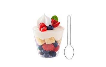 Wholesale food safe clear round 8oz plastic serving cups with lids and spoon for appetizers fruit pa