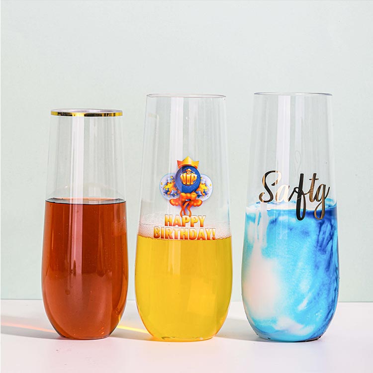 Custom disposable bpa free stemless plastic champagne flutes with golde rim