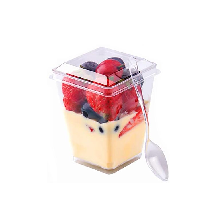 Wholesale small 5oz square plastic dessert cups with lids and spoons