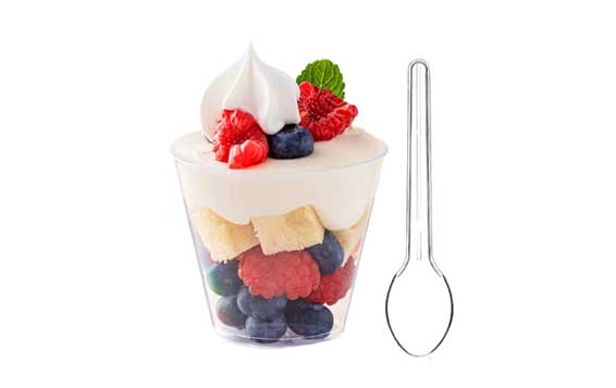 Wholesale food safe clear round 8oz plastic serving cups with lids and spoon for appetizers fruit pa