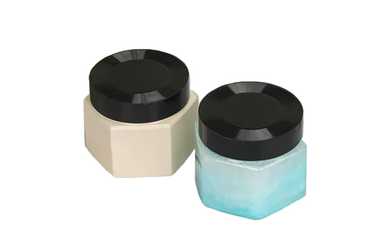 Custom colored plastic hexagon cosmetic jar leak proof clear container with black lid for cream lotion powder ointment