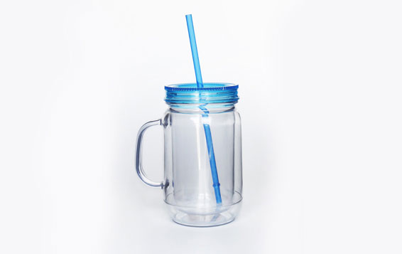 Double wall plastic mason jar drinking cups with handle