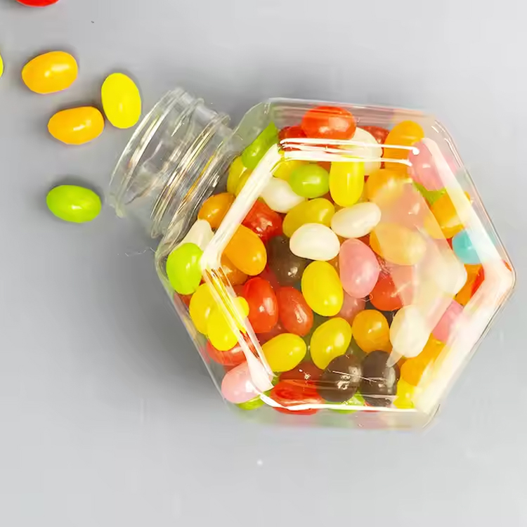 Clear hexagonal shaped plastic cookies container 16oz hexagon candy jar with gold lid for