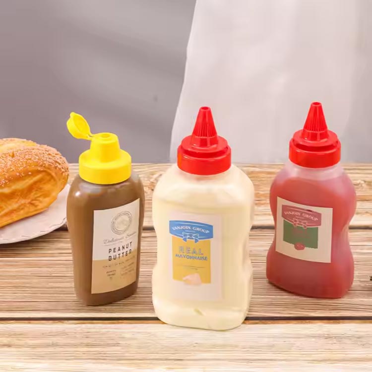 Custom empty 14oz plastic mustard and ketchup bottles with dispenser caps